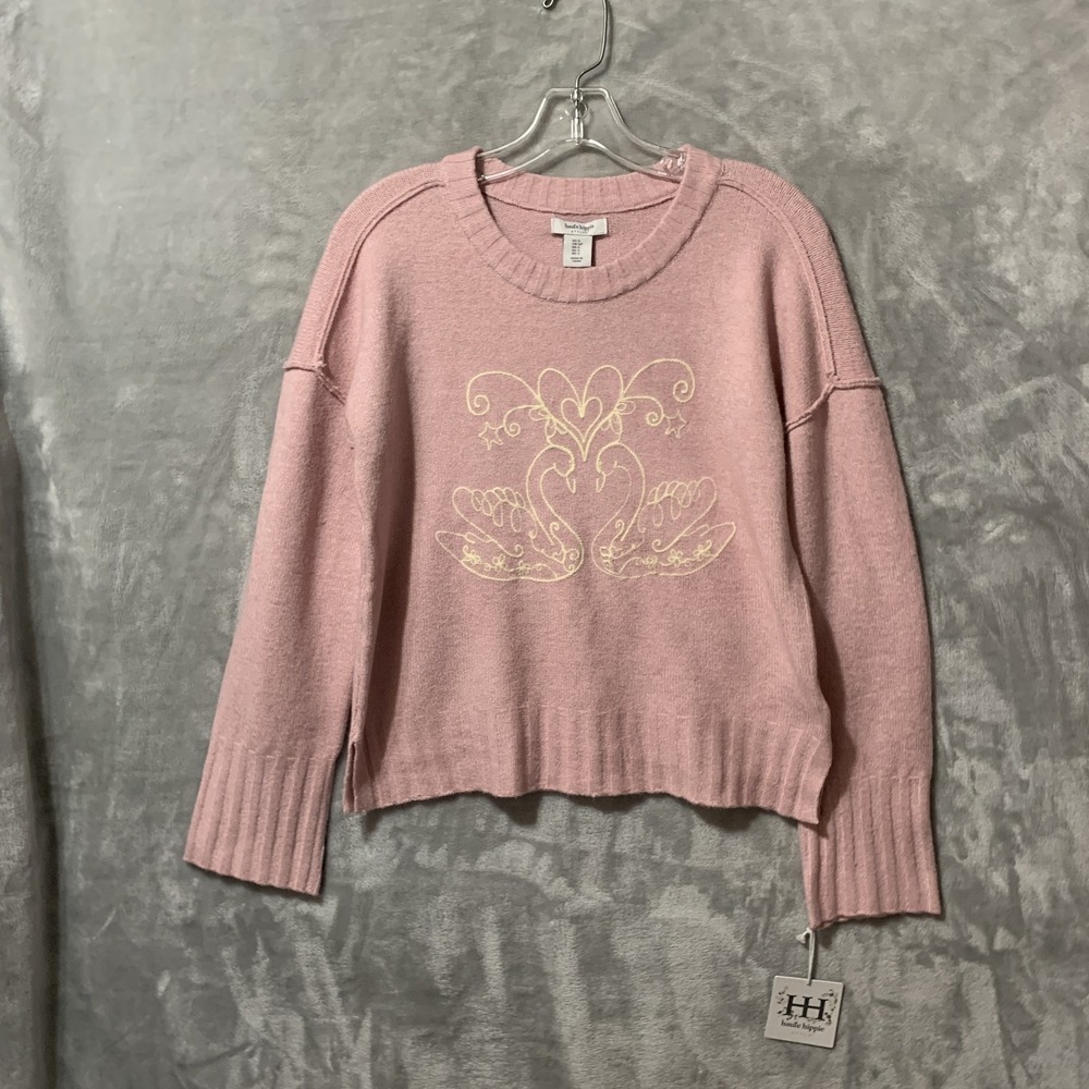Haute Hippie Women's Pink Embroidered Swan Sweater Crew Neck‎ Relaxed Fit S